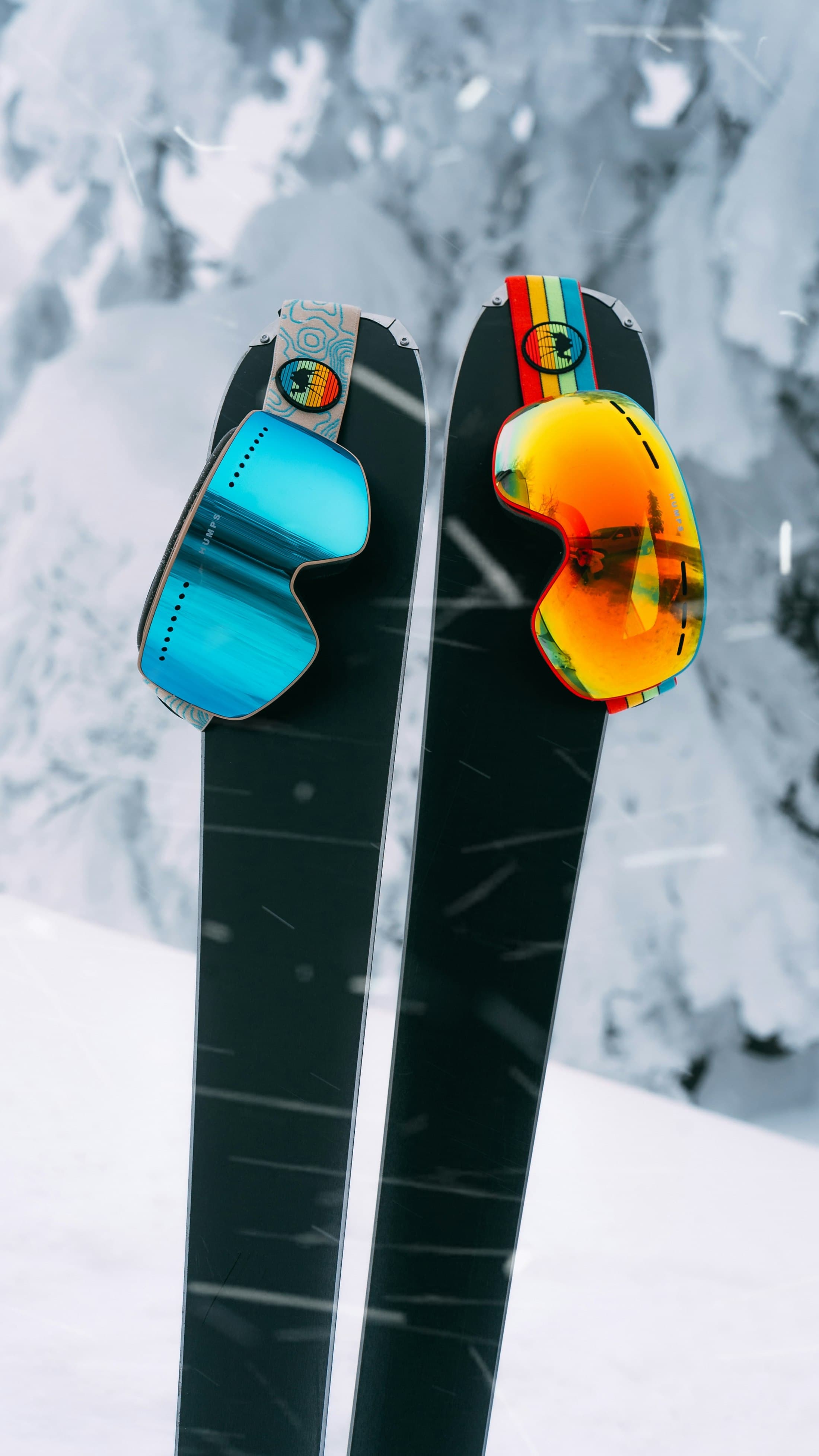 Esquís y gafas de nieve apoyados en la montaña