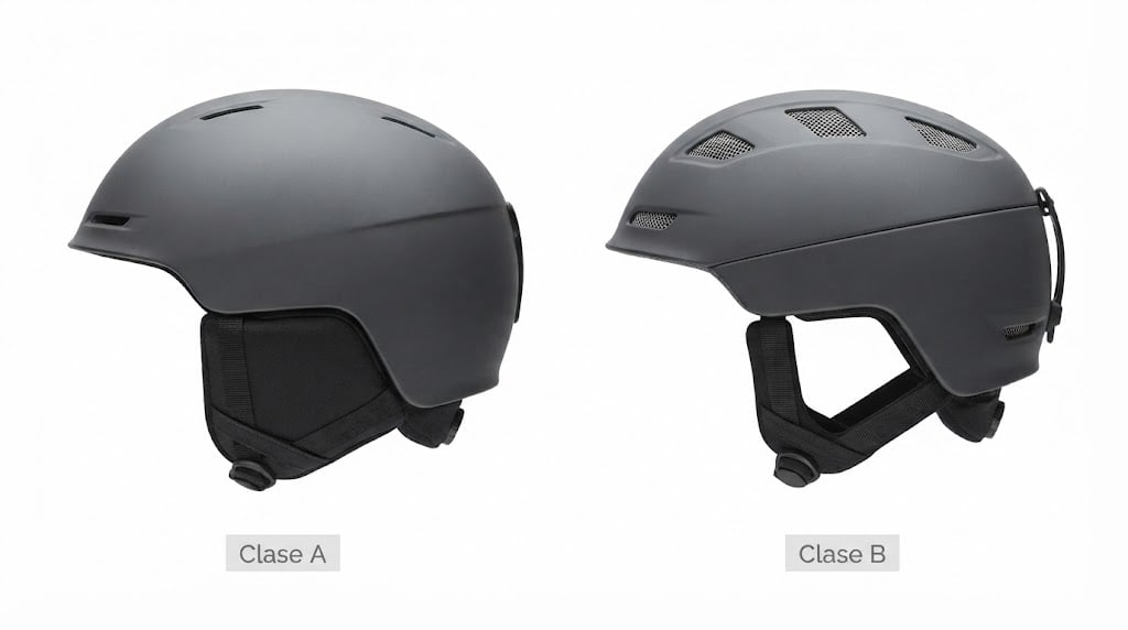 A Class A and a Class B helmet side by side: the Class A fully covers the ears, the Class B is more open and better ventilated
