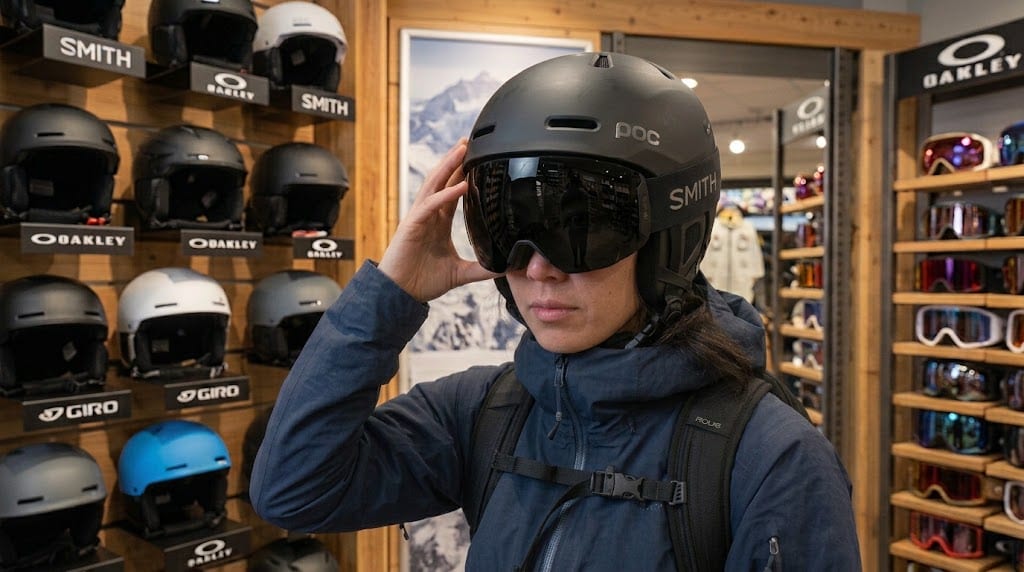 Casco y máscara de esquí ajustados correctamente, sin huecos entre ambos
