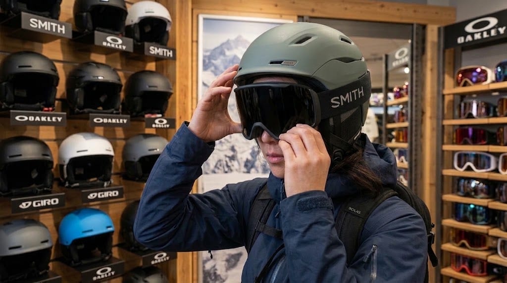 Ejemplo de casco y máscara de esquí mal ajustados, con hueco visible entre ambos