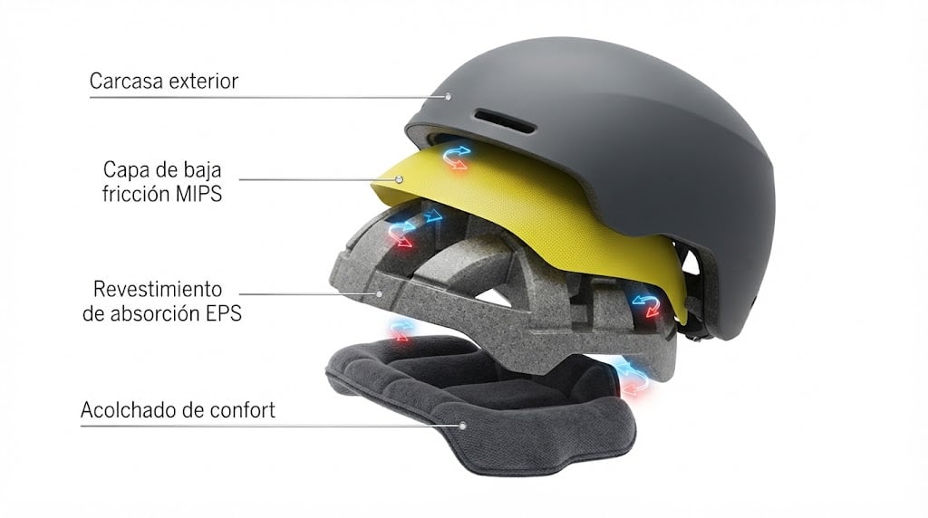 A cutaway of a helmet with MIPS: between the shell and the EPS liner sits a yellow low-friction layer that can rotate a few millimetres, and it's the one that absorbs rotation in an angled blow