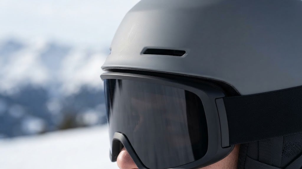 Goggles and helmet fitted correctly: the top edge of the goggles sits flush against the helmet, with no gap between them