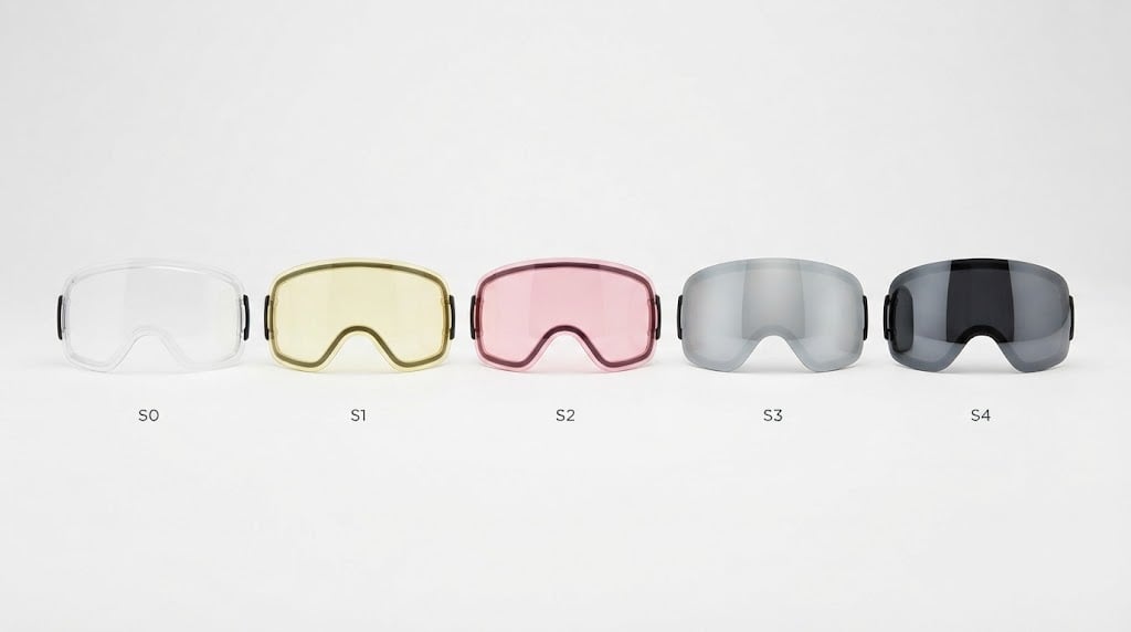 The five lens categories in a row, from the most transparent to the darkest: S0 for night or thick fog, S1 and S2 for changeable light, S3 for sun and S4 for intense glacier sun