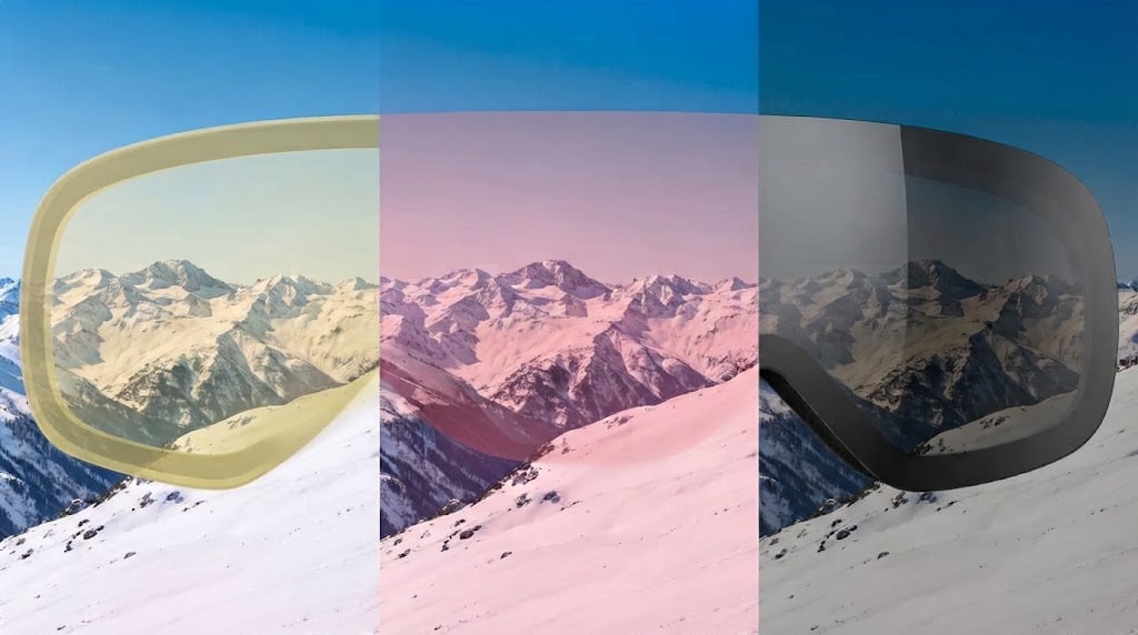 The same landscape seen through three lenses: the pale yellow one lifts contrast on a flat-light day, the pink one balances changeable light, and the dark mirrored one rests your eyes in strong sun