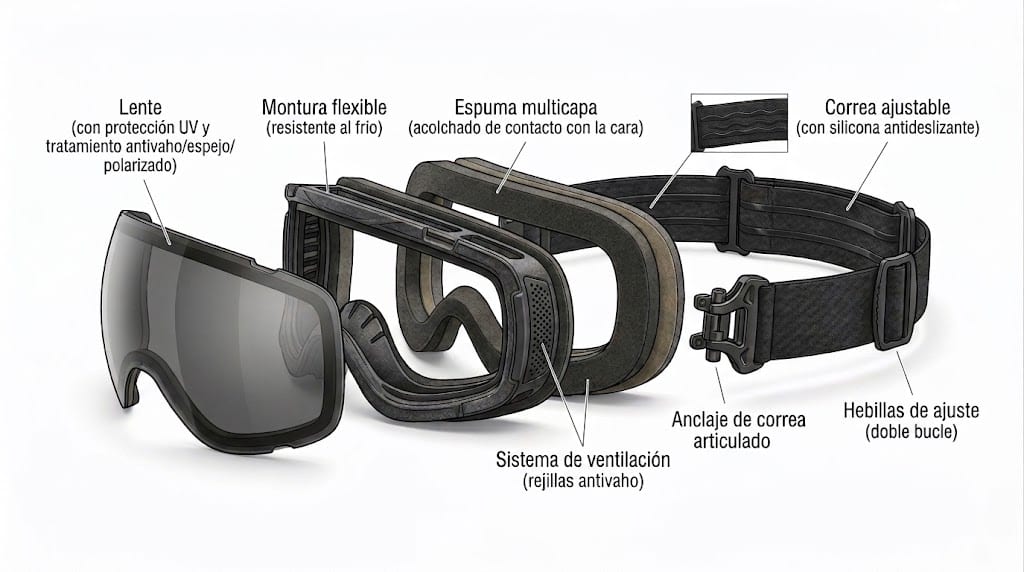 Diagrama de las partes de una máscara de esquí y snowboard: lente, montura, espuma, ventilación y correa