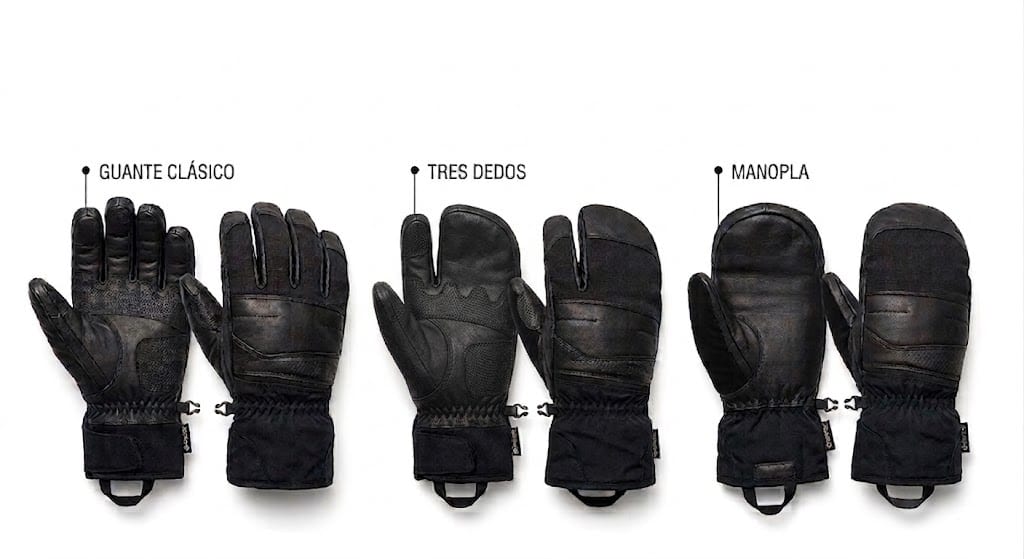 Comparativa de guante clásico, manopla y guante de tres dedos para esquí y snowboard