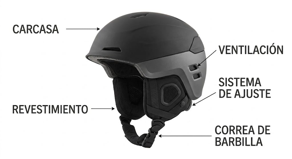 Diagrama de las partes de un casco de esquí: carcasa, revestimiento, sistema de ajuste, ventilación y correa de barbilla