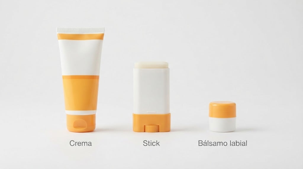 Los tres formatos: crema para la cara y el cuello, stick para nariz y pómulos, y bálsamo para los labios